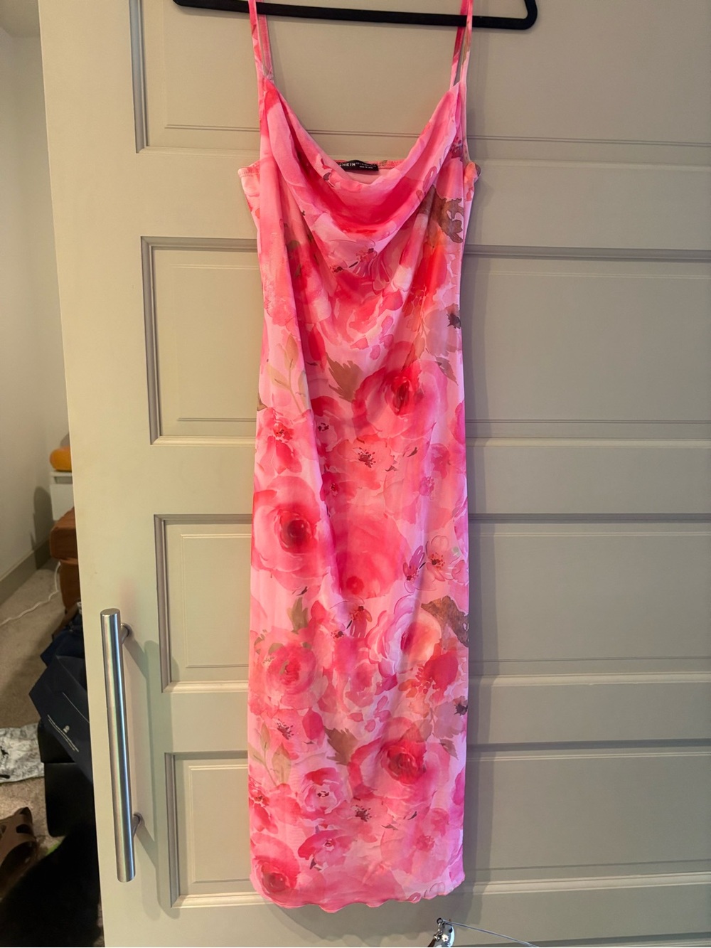 Floral Pink Slip Dress with Cowl Neck